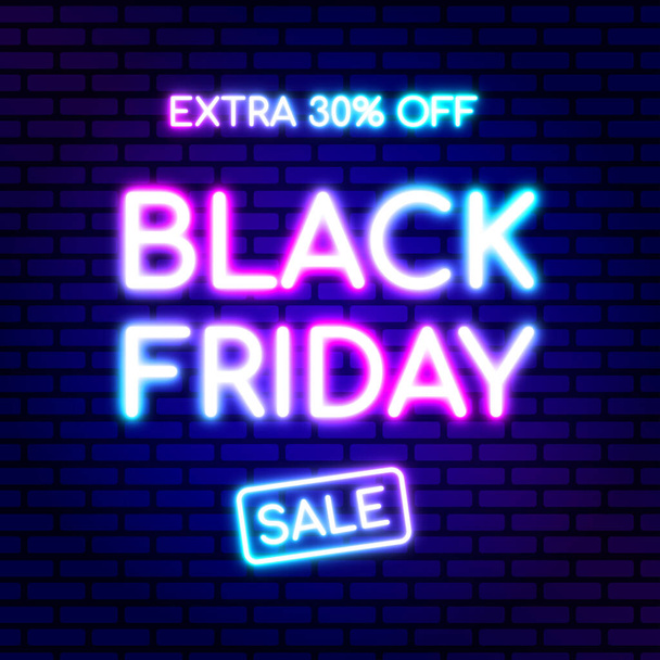 Black Friday design in fashionable neon style for advertising, banners, leaflets and flyers. Text is in pink and blue color. On brick wall background. Vector illustration. - Vector, imagen