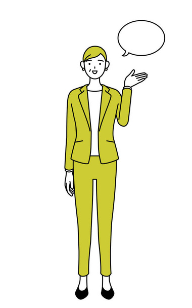 Eenvoudige lijn tekening illustratie van een oudere vrouw in pak, vrouwelijke manager, carrière vrouw geeft aanwijzingen, met een wipeout. - Vector, afbeelding