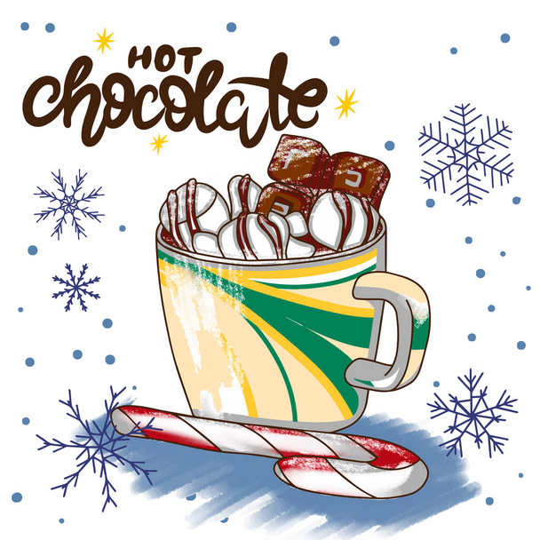 Ruční písmo, Horká čokoláda, lahodný nápoj s marshmallow a bonbóny, pozadí sněhové vločky, doodle styl ilustrace - Vektor, obrázek