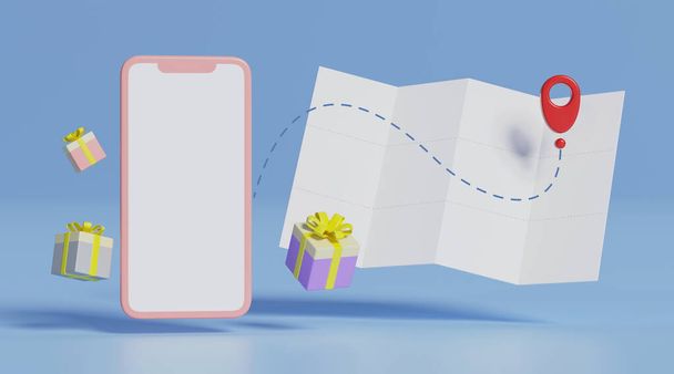 Smartphone, regalo, ubicación en el mapa sobre un fondo pastel. El concepto de pedido de regalo en línea con entrega. 3d renderizar - Foto, imagen