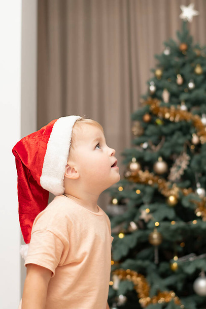Christmas concept. A handsome little caucasian boy in a santa claus hat stands against the background of an elegant Christmas tree in a home interior. Close-up. soft focus. bokeh. - 写真・画像