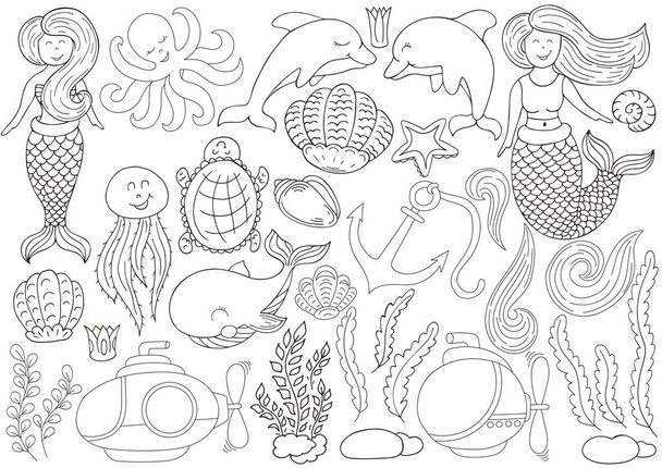 Große Menge an Symbolen und Designelementen. Meer, Ozean und ihre fabelhaften Bewohner. Monochrome Illustrationen im Stil der Handzeichnung. Sammlung von Symbolen, Schildern, Anstecknadeln, Aufklebern - Vektor, Bild
