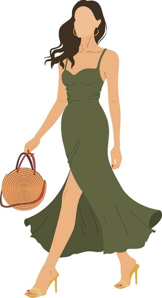 Gyönyörű fiatal nő sétál egy táskával a kezében. Profilvektor elkülönítve fehér háttérrel. Divatos modern viselet elegáns ruhát séta előre. Hosszú, zöld, magassarkú cipő. Elegáns irodai ruhák. - Vektor, kép