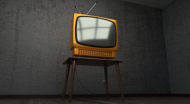 Vintage, aparelho de televisão retro, parede de concreto - ilustração 3D - Foto, Imagem