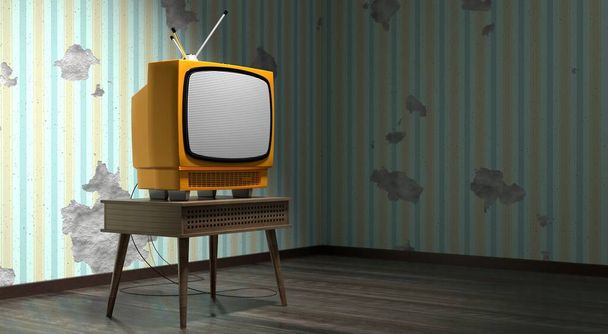 Conjunto de televisão retro, papel de parede com listras verticais na parede rachada - ilustração 3D - Foto, Imagem