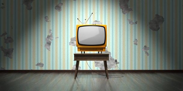 Retro telewizor, tapeta z pionowymi paskami na pękniętej ścianie - ilustracja 3D - Zdjęcie, obraz