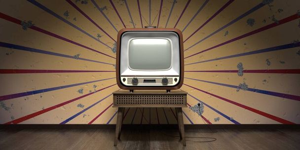 Vintage, aparelho de televisão retro, papel de parede com listras estouradas na parede rachada - ilustração 3D - Foto, Imagem