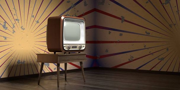 Винтажный, ретро-телевизор, обои с полосками на треснувшей стене - 3D иллюстрация - Фото, изображение