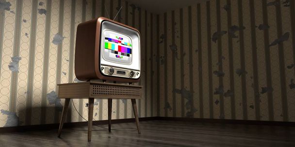 Винтажный, ретро-телевизор, обои с вертикальными полосками на треснувшей стене - 3D иллюстрация - Фото, изображение