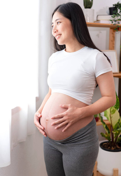 Junge asiatische schöne schwangere Frau hält die Hände auf dem Bauch am Fenster zu Hause stehen. Schwangerschaft, Mutterschaft, Vorbereitung und Erwartungskonzept. - Foto, Bild