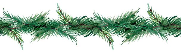 モミの枝とテキストのための場所と水彩のクリスマスバナー。白い背景に隔離されたグリーティングカードと招待状のイラスト. - 写真・画像