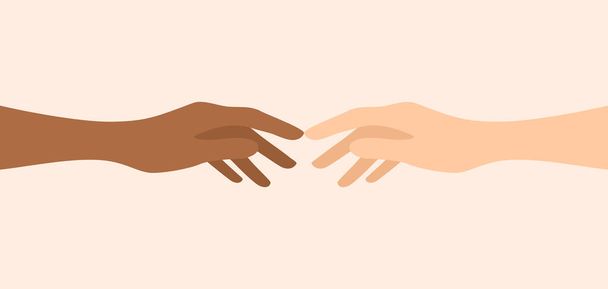 Two hands of different skin tones reaching towards each other. Flat vector illustration - Vecteur, image
