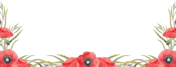 Vörös mákvirág és zöldség. Facebook borító Sablon. Web banner design hirdetések és a közösségi média. Akvarell illusztráció fehér háttér. - Fotó, kép