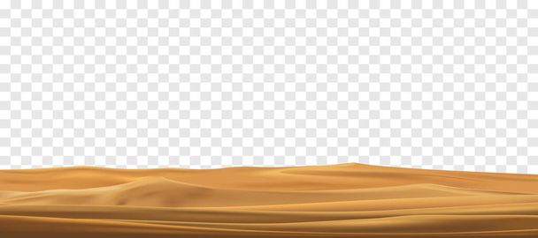 Wüstensandlandschaft isoliert auf transparentem Hintergrund. Schöne realistische Sanddünen am Strand. 3D-Vektorillustration der Sandwüste. - Vektor, Bild