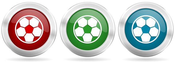 Soccer vector icon set. Red, blue and green silver metallic web buttons with chrome border - ベクター画像