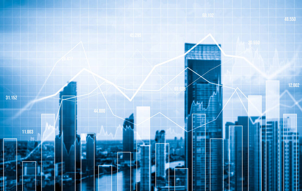 Financial graphs and digital indicators overlap with modernistic urban area, skyscrabber for stock market business concept. Double exposure. - Fotó, kép