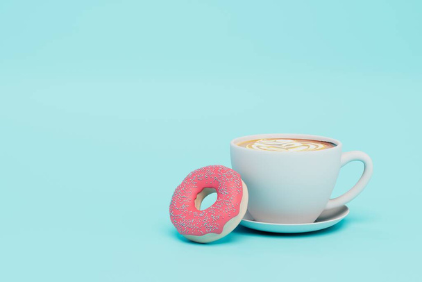 sweet snack. a cup of coffee and a donut with pink glaze on a blue background. copy paste, copy space. 3D render. - Photo, Image