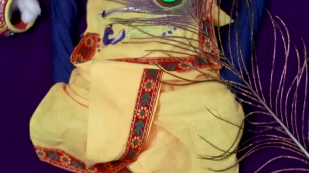 noworodek chłopiec w Krisznie ubrany z rekwizytami z wyjątkowej perspektywy w różnym wyrazie - Materiał filmowy, wideo