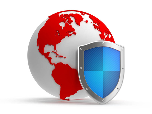 Red World Map and Blue Shield , This is a 3d rendered computer generated image. Isolated on white. - Photo, Image
