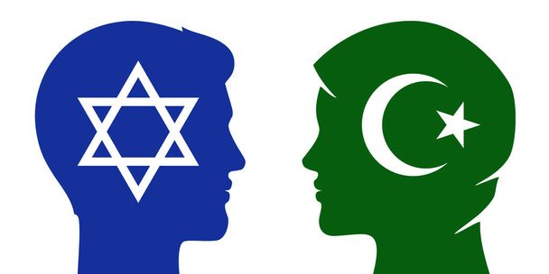 Judaist man and muslim woman relations. Different religion couple, multicultural family, or religious discussion, dialogue concept vector illustration. - Vector, Image