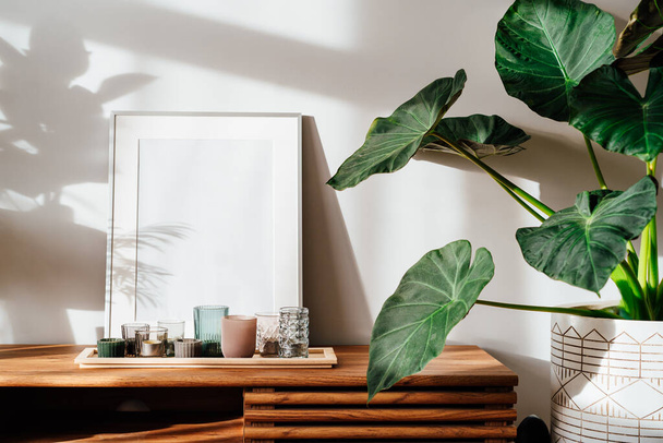 Modern minimalist Scandinavian style interior with white poster mockup, candles and tropical green home plants on a wooden console under sunlight and shadows on a gray wall. Selective focus. - Foto, Bild