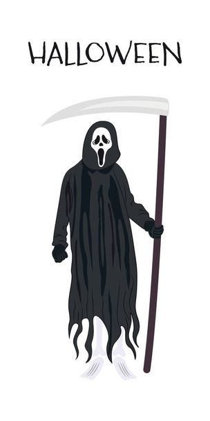 Halloween poster. Masked grim reaper with a scary face waiting with his scythe in hand. Halloween cartoon style, character halloween icons abstract background. Vector illustration.  - Vector, Image