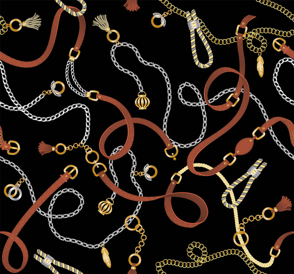 Set of leather belt, metal chain and braid seamless pattern. Elements for woman clothes fabric and everyday use on dark. Materials on black background. Vector illustration in flat style - Vettoriali, immagini
