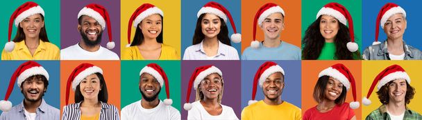 Cheerful beautiful multiethnic men and women different ages having New 2023 Year party, wearing red Santa hats, set of studio photos, colorful backgrounds, collage, web-banner - Photo, Image