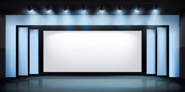 Екран проекції на сцені, показуй. Вільний простір для реклами. Показ у кінотеатрі. Векторні ілюстрації
. - Вектор, зображення