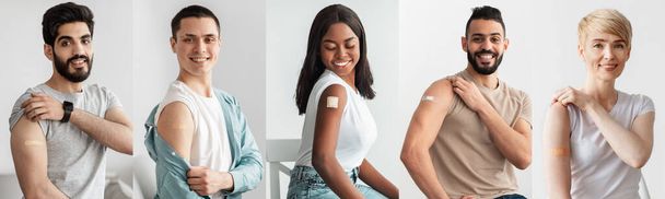 Multiracial group of people cheerful men and women of different ages in casual showing their shoulders with bands on, got vaccinated against coronavirus, web-banner, collage - Photo, image