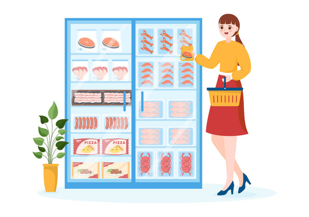 Fagyasztott élelmiszer-áruház termékek Porszívózott segítségével Foil és tasak csomagolás, hogy friss kézzel rajzolt rajzfilm sablon illusztráció - Vektor, kép