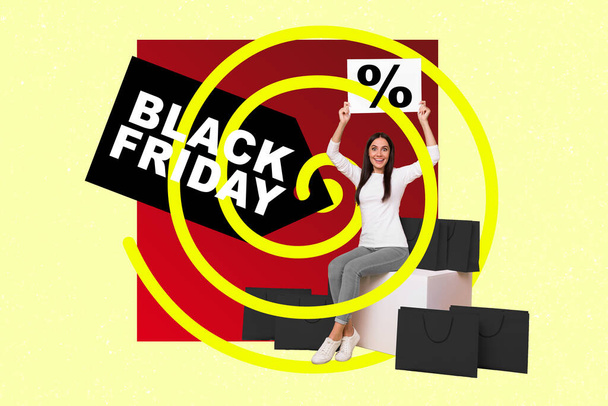 Collage photo of addicted shopaholic promoter lady hold paper sale percentage cheap price for electronics brand isolated on yellow color background. - Foto, afbeelding