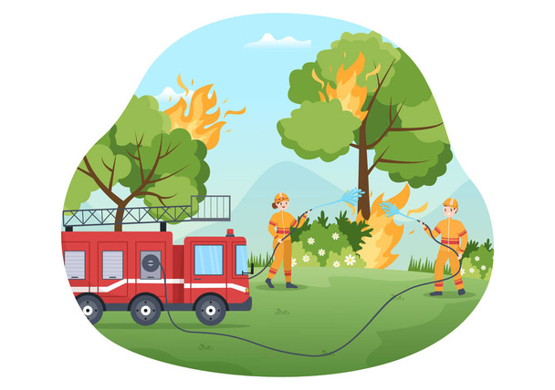 Service d'incendie avec pompiers Extinction de la maison, de la forêt et aide les personnes dans diverses situations en dessin à la main Illustration de bande dessinée - Vecteur, image