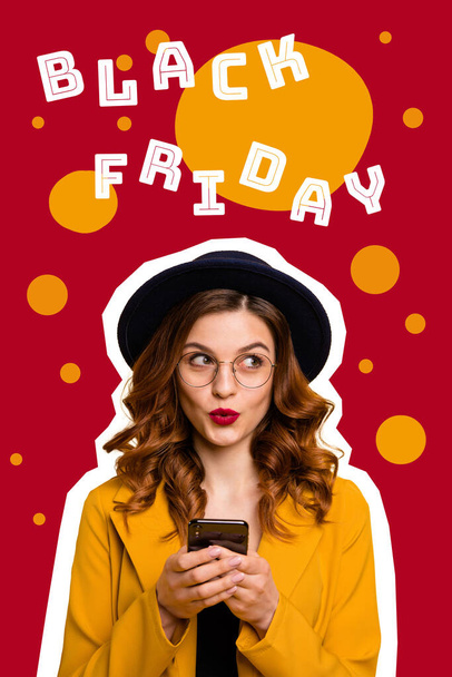 Vertical collage image of pretty positive girl wear glamour outfit hold use telephone black friday proposition isolated on painted background. - 写真・画像