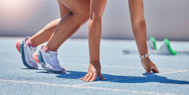 Start, track race and legs of runner, woman or athlete ready for fitness running, sprint training or marathon workout. Motivation, exercise and sports girl prepare for cardio, contest or competition. - Foto, imagen