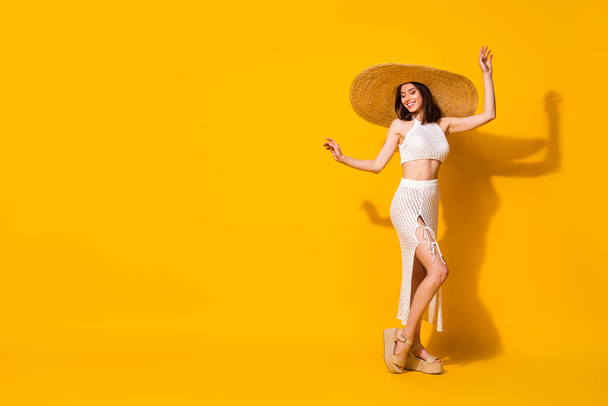 Full body portrait of lovely adorable girl enjoy dancing empty space blank isolated on yellow color background. - Φωτογραφία, εικόνα
