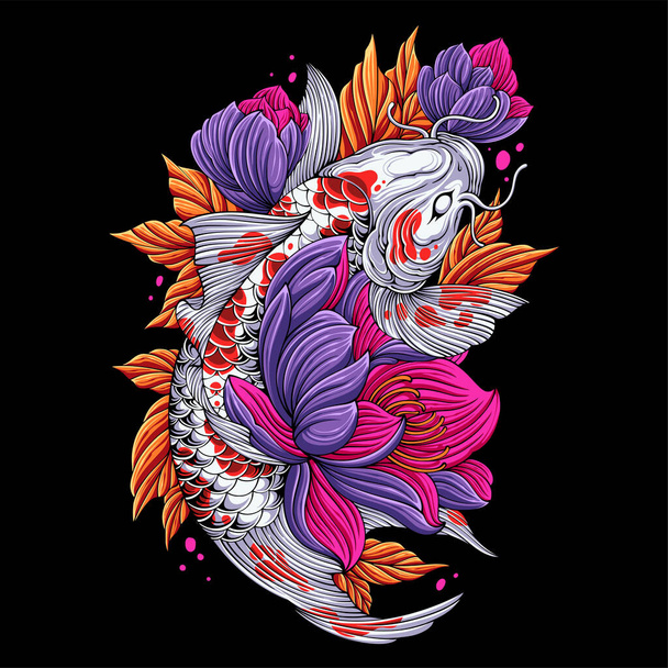 барвиста риба Koi стрибає з квітами і листя навколо для дизайну сорочки
 - Вектор, зображення