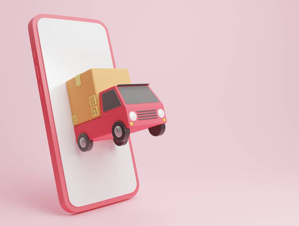 ilustração de renderização 3D Cartoon caminhão de entrega mínima carregado com uma caixa de papelão e logística caixa de carga smartphone e parcela de entrega, conceito de serviço de entrega on-line. Entrega rápida - Foto, Imagem