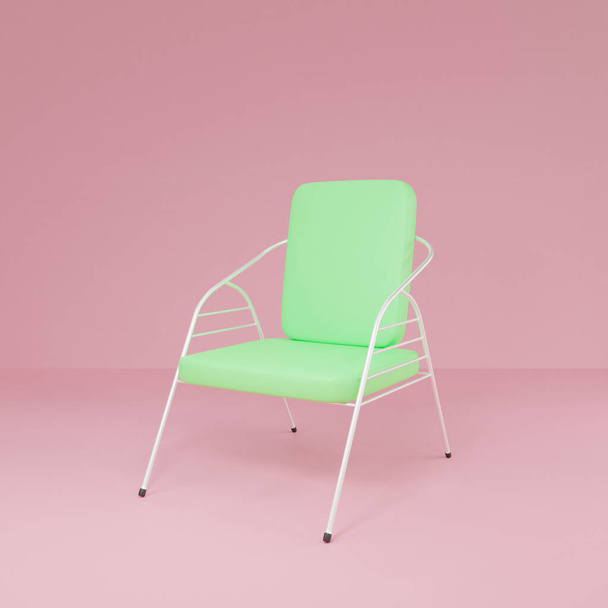 Silla 3D realista. Una silla de marco de acero blanco con cojines verdes en una habitación rosa, se burlan de objeto. Ilustración 3D Render. - Foto, imagen