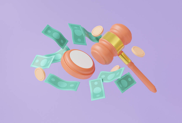 Gavel and Banknotes, coins, floating on purple background. Judge arbitrate courthouse concept. judgement Hammer. 3d render. illustration - Photo, Image