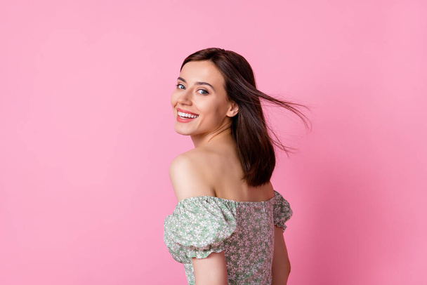 Profile photo of impressed millennial lady wear dress isolated on pink color background. - Photo, image
