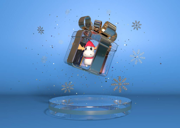Üç boyutlu cam podyum ve içinde geyik oyuncağı olan şeffaf cam hediye kutusu. Mutlu Noeller ve yeni yıl. 3B Hazırlama - Fotoğraf, Görsel