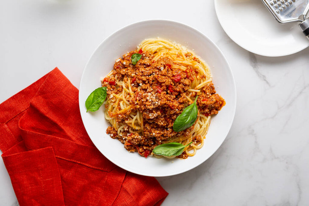 Top view pasta with meat sauce and cheese bolognese in bowl food - Фото, зображення