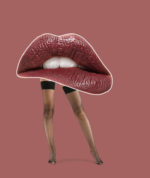 Kollázs női ajkak és lábak fekete harisnya színes háttér - Fotó, kép