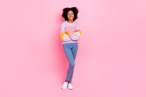 Full size photo of adorable nice pleasant girl perming coiffure dressed knit pullover hands crossed isolated on pink color background. - Fotó, kép