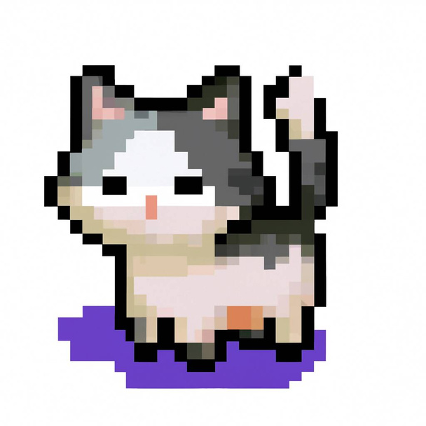 かわいい子猫の古典的な8ビットピクセルアートイラスト。レトロ8ビットピクセルアートスタイルゲームコンソールで再生される古いアーケードゲームで使用されるかわいい子猫のシンプルなイラスト. - 写真・画像