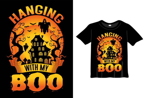 Hanging with my boo - Best Halloween T-Shirt Design Template. Pumpkin, Night, Moon, Witch, Mask. Night background T-Shirt for print - Vector, Image