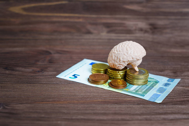 Toy human brain placed on top of coins stacks on a wooden table. Creative business related concept. Taking control of the finances concept. - Foto, Imagem