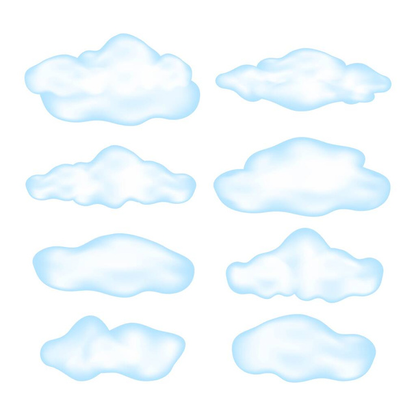 Conjunto de nubes azules de dibujos animados aisladas sobre fondo blanco. Varias nubes realistas. Ilustración vectorial. - Vector, Imagen