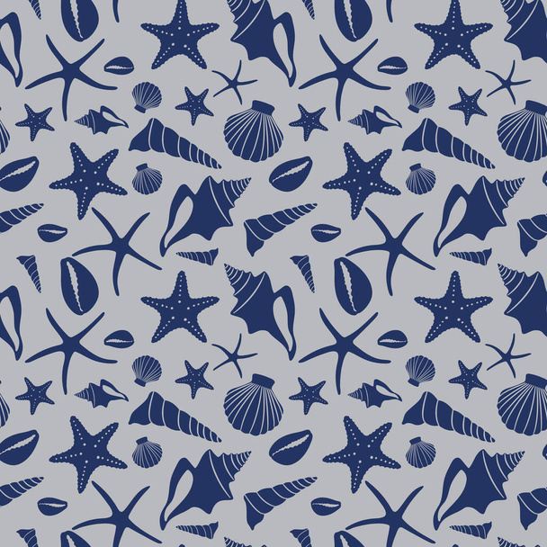 Boho naadloos patroon met blauwe schelphoorns en zeesterren op grijze achtergrond. - Vector, afbeelding